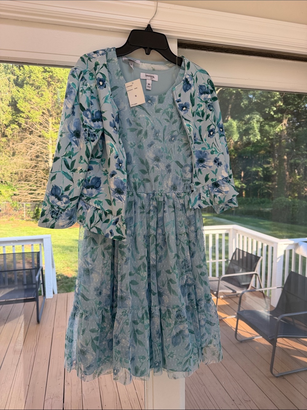 big girls blue floral formal dress with shrug